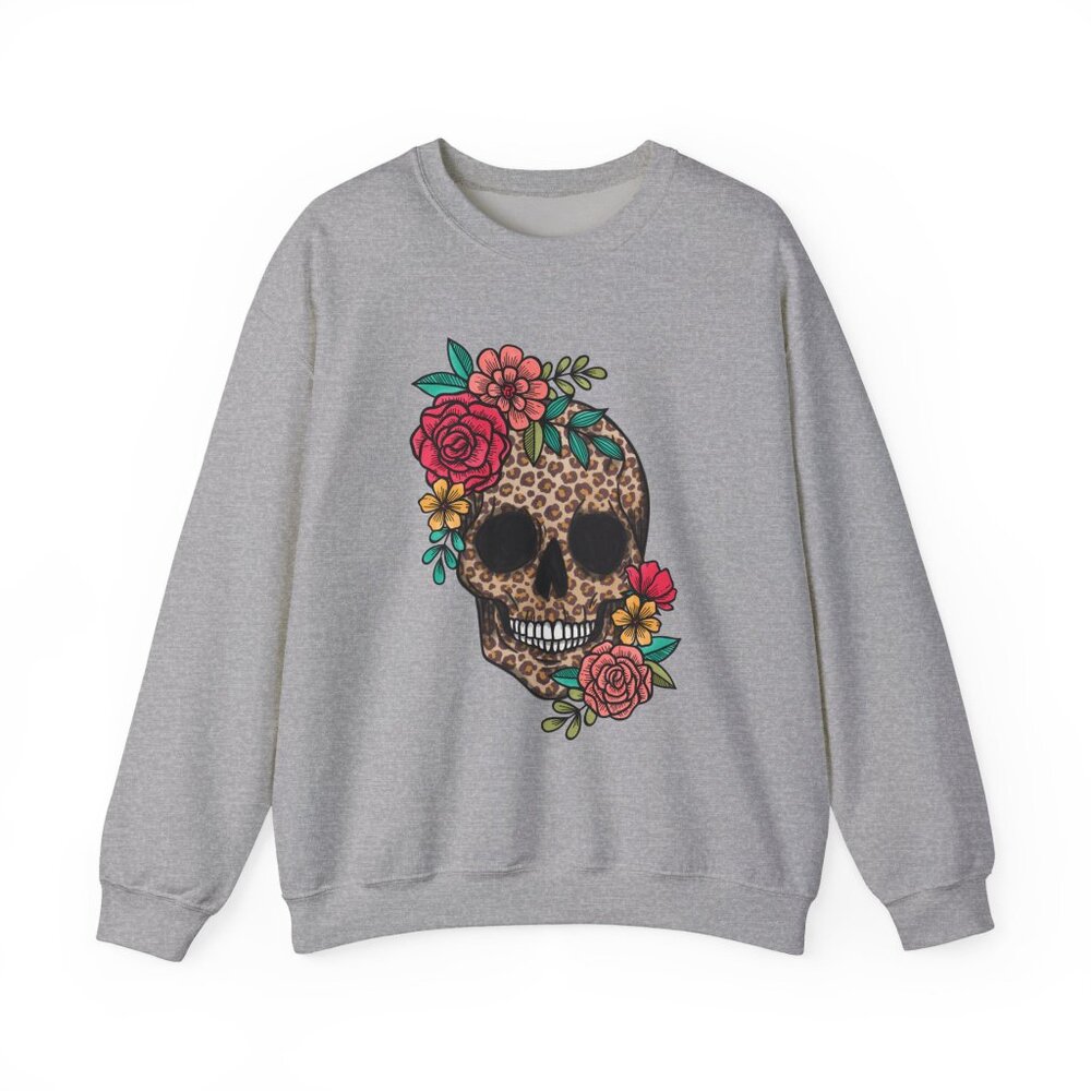 Skull with Vibrant Flowers Unisex Gildan Sweatshirt Crewneck - Picture 12 of 13